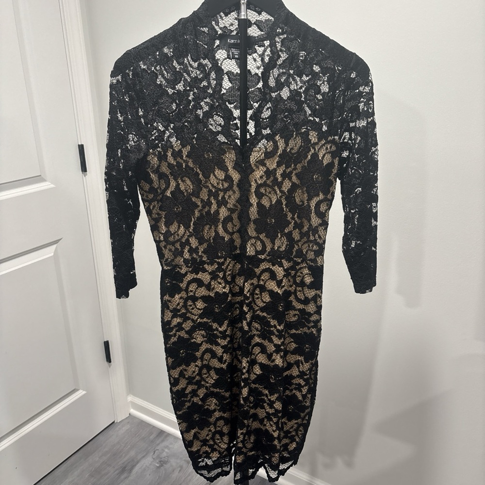 Karen Kane Black Lace Overlay Dress with Nude Slip